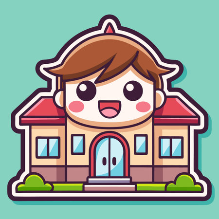 Cartoon building merges with a happy human, colorful illustration on a light backgroundのイラスト素材