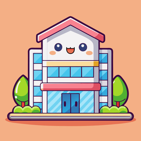 Cute cartoon building illustration with windows and trees, cheerful designのイラスト素材