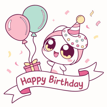 Cute birthday creature with balloons, hat, gift, and &quot;Happy Birthday&quot; bannerのイラスト素材