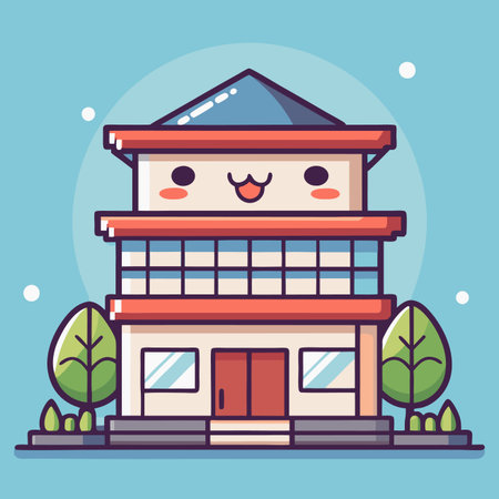 Cute illustration of a building with a face and trees. Flat design on blue backgroundのイラスト素材