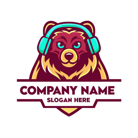 Bear head cartoon with headphones, below company text, stylizedのイラスト素材