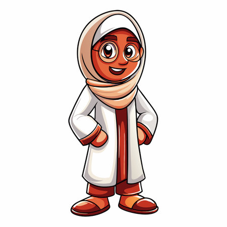 Cartoon depiction of a female figure in a hijab and lab coat, smilingのイラスト素材