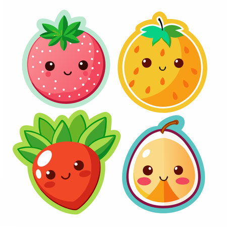 Kawaii fruits strawberry, orange, carrot, and passionfruit with cute smilesのイラスト素材