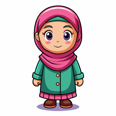 Cartoon girl with hijab and jacket. Simple, cute, and colorful illustrationのイラスト素材