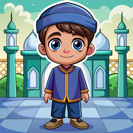 Boy in traditional attire stands before an Islamic building in a cartoon illustrationのイラスト素材
