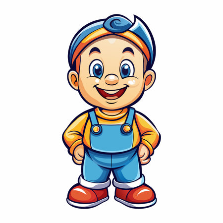 Cartoon boy with overalls smiling. Cute character with blue hair and red shoesのイラスト素材