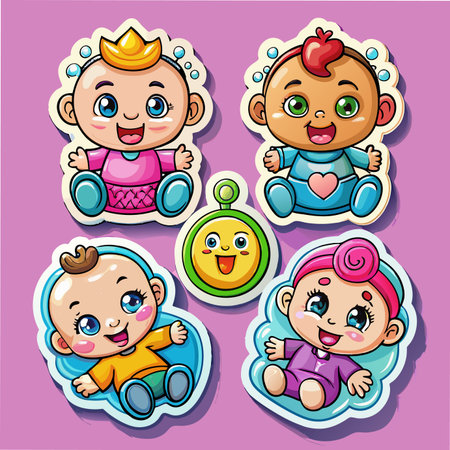 Cartoon babies and toy on a purple background, with big eyes and smiling facesのイラスト素材