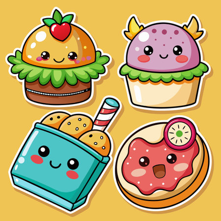 Cute dessert stickers cupcake, ice cream, cookie. Happy, cartoon, colorful, food icons on yellowのイラスト素材