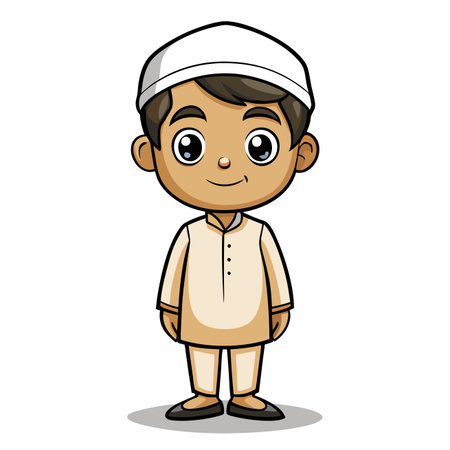 Cartoon boy, wearing traditional attire and cap, stands smiling, outlined on whiteのイラスト素材
