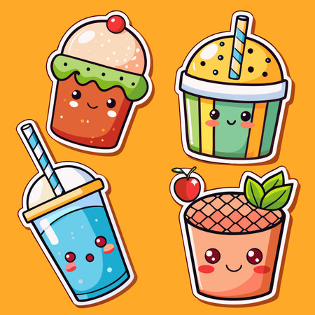 Cute cartoon desserts and drinks stickers set on a solid orange backgroundのイラスト素材