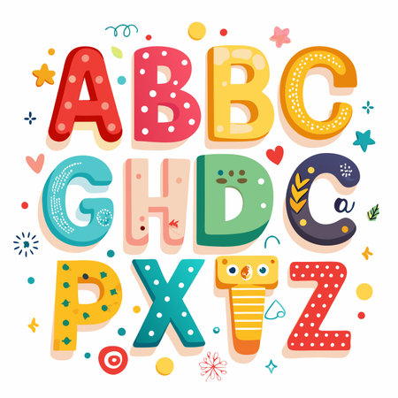 Colorful letters showcase a whimsical and playful alphabet design with various patternsのイラスト素材