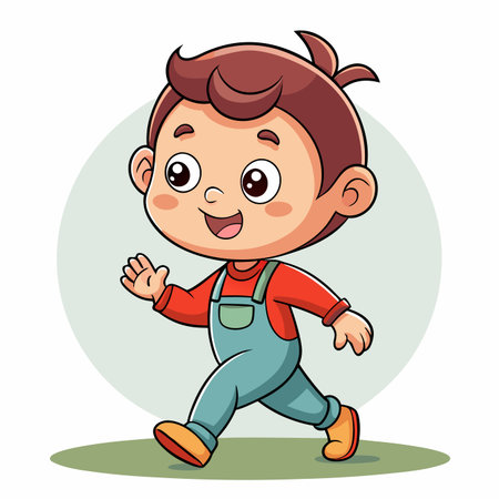 Smiling cartoon boy in overalls waves, walking happily on green grass with a circle backgroundのイラスト素材