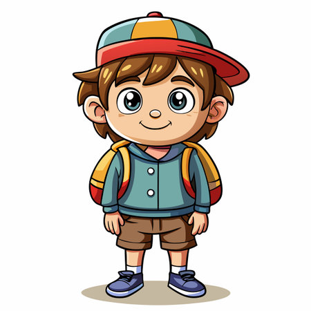Cartoon boy with a backpack wearing hat, smiling, against a white backgroundのイラスト素材