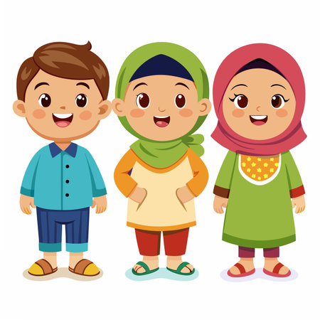 Cartoon children, two girls wearing hijabs, stand together smiling sweetlyのイラスト素材