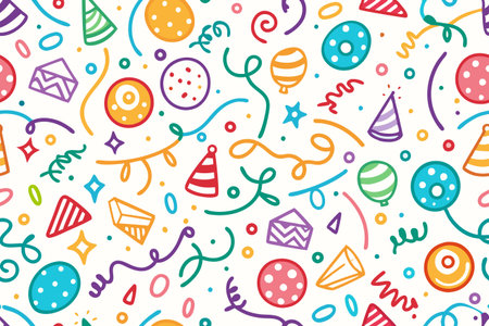 Festive pattern with party hats, balloons, stars, presents, and confetti on a white backgroundのイラスト素材