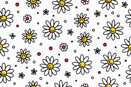 Floral pattern whimsical daisies and small flowers scattered on a white background with red dotsのイラスト素材