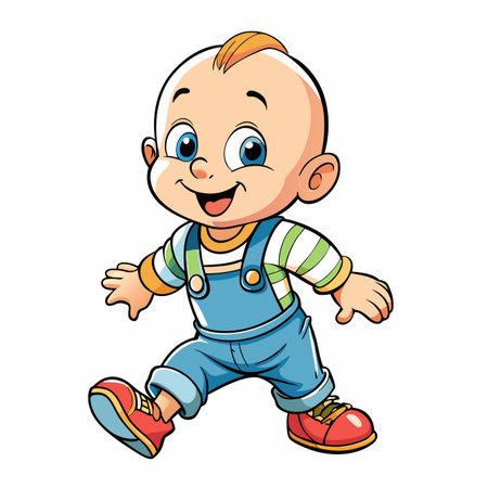 Cartoon baby wearing overalls, smiling and walkingのイラスト素材