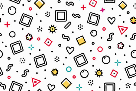 Geometric shapes and symbols on white. Includes squares, circles, hearts, flowers, squiggles, and crossesのイラスト素材