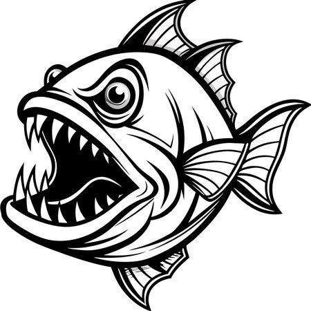 Aggressive fish with sharp teeth, open mouth in black and whiteのイラスト素材