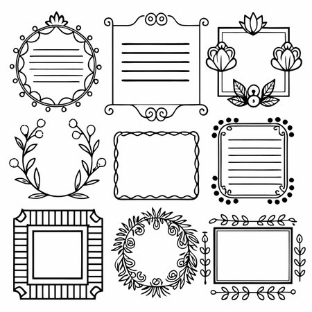 Decorative borders. Floral, geometric, ornate frames for text. Hand-drawn, vector graphicsのイラスト素材