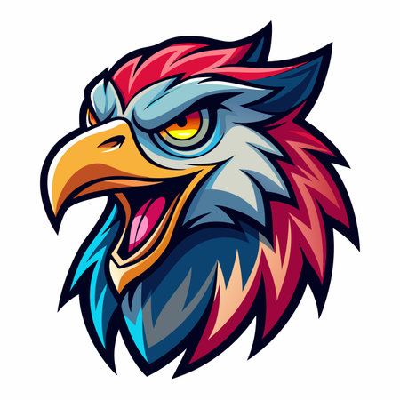Fierce griffin head illustration with colorful plumage and intense gazeのイラスト素材