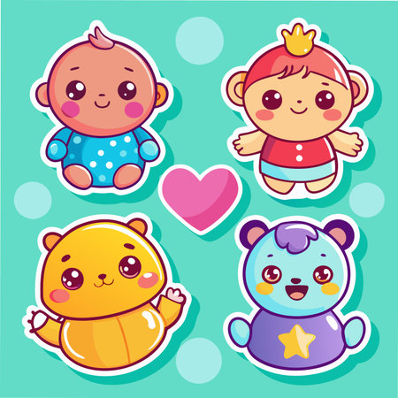 Cute cartoon baby, monkey, and bears with big eyes and rosy cheeks. Heart in centerのイラスト素材