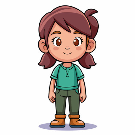 Cartoon girl, small, with brown hair, green shirt and pants, brown shoesのイラスト素材