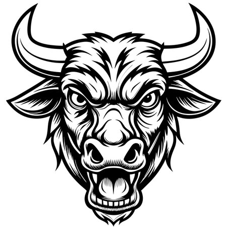 Angry bull head illustration, bold lines, horns, detailed fur texture, and a ferocious expressionのイラスト素材