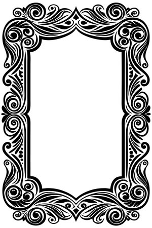 Ornate black &amp; white frame with swirls and flourishes around a blank rectangular spaceのイラスト素材