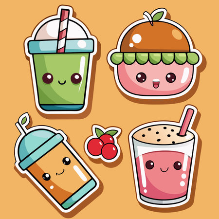 Kawaii stickers featuring cute drinks, a pastry, and berries on an orange backdropのイラスト素材