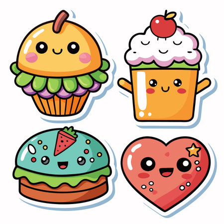 Cute cartoon desserts cake, muffin, heart, with kawaii faces, sweet treatのイラスト素材