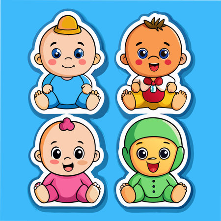 Cute cartoon babies! Four babies of various skin tones wearing colored outfitsのイラスト素材