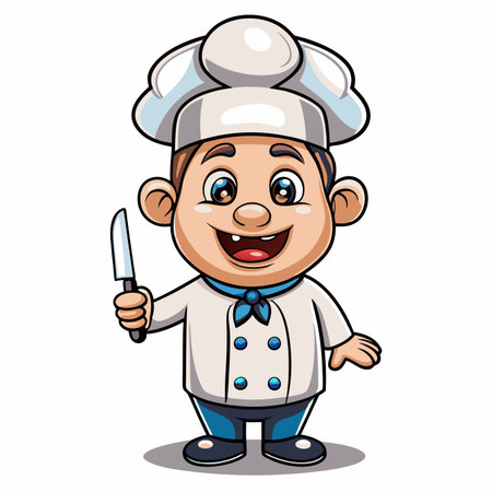 Cartoon chef with knife, white uniform and hatのイラスト素材