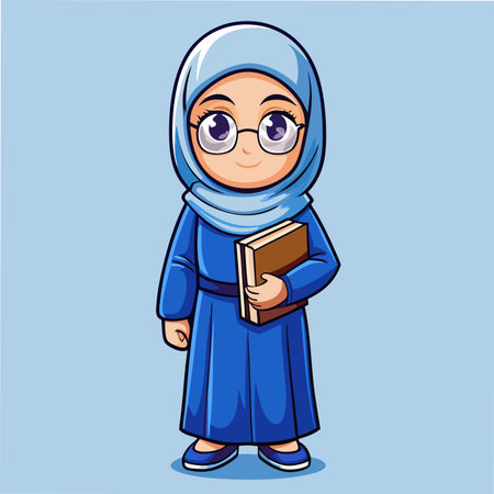 Cartoon figure in hijab holds bookのイラスト素材