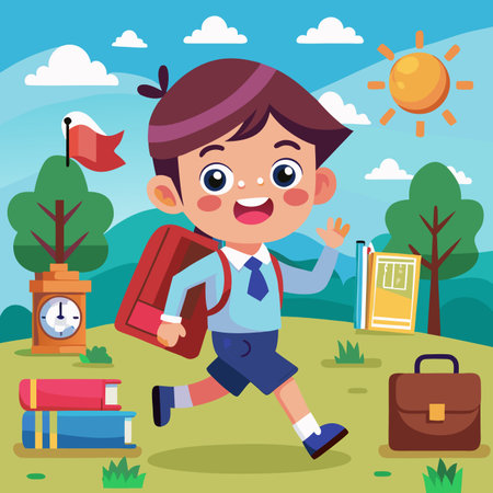 Boy runs to school with books, bag, and sun shining. Clock, trees, clouds and flag in the backgroundのイラスト素材