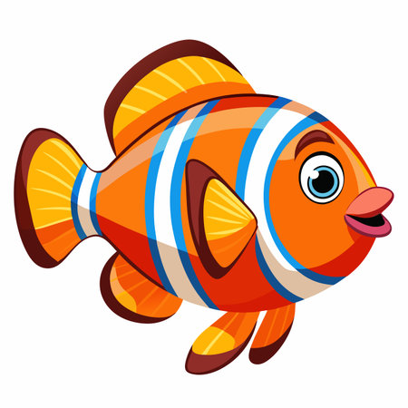 Cartoon fish. Orange with white and blue stripes, rounded body, and a friendly smileのイラスト素材