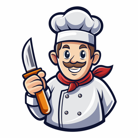 Cheerful cartoon chef with a knife, wearing hat and neckerchiefのイラスト素材