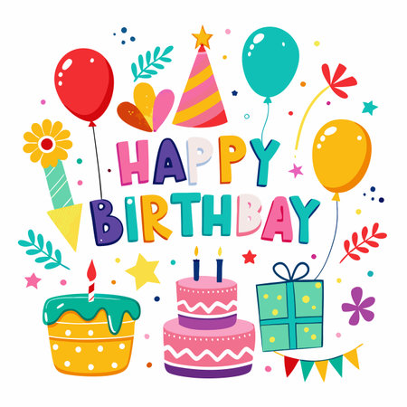 Colorful &quot;Happy Birthday&quot; lettering with balloons, cake, and gift box, surrounded by party decorationsのイラスト素材