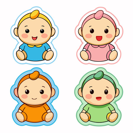 Cute cartoon babies in blue, pink, orange, and green outfits with happy expressionsのイラスト素材