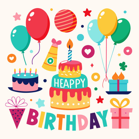 Party illustration with cake, balloons, gifts, and confetti celebrating a birthdayのイラスト素材