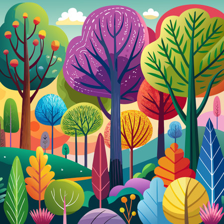Colorful, stylized illustration of a vibrant forest with whimsical trees and varied foliageのイラスト素材