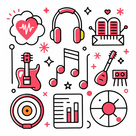Vibrant music icons headphones, guitar, notes, soundboard and more, outlined in red and blackのイラスト素材