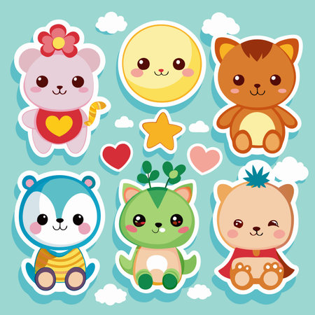 Cute kawaii animals sticker set, heart, star, cloud, baby, playful cartoon on light blue backgroundのイラスト素材