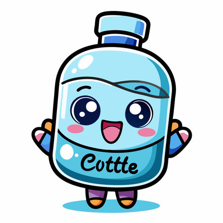 Cute water bottle character winking, smiling. Vector illustration with rosy cheeksのイラスト素材