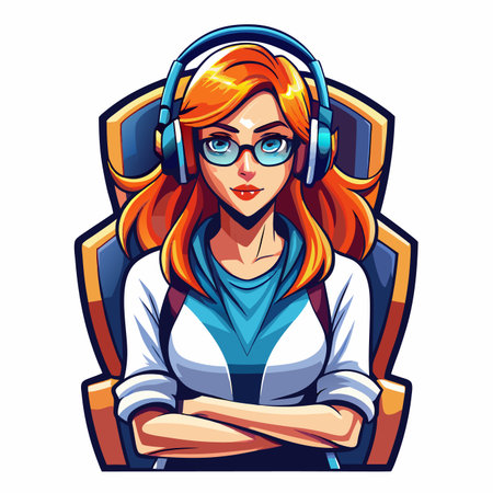 Gamer Girl Cartoon woman with headphones, glasses, and arms crossed in front of a background shieldのイラスト素材