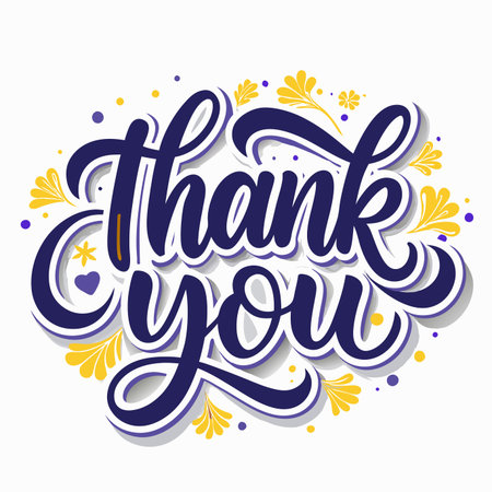 Gratitude lettering, dark blue cursive with yellow floral accents on whiteのイラスト素材