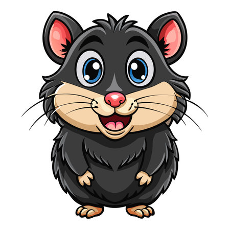 Smiling, cute black hamster with blue eyes and pink nose standing on white. Fluffy cartoon styleのイラスト素材