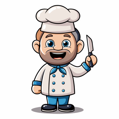 Cartoon chef in uniform, smiling and holding knife. Cheerful, cute, happy characterのイラスト素材
