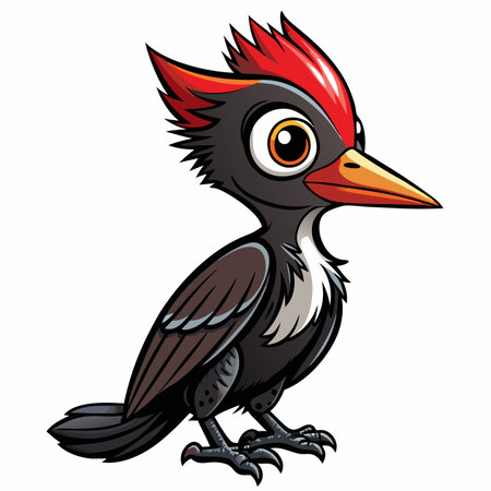 Cartoon woodpecker cute bird with black body, red head feathers, orange beak and big eyesのイラスト素材