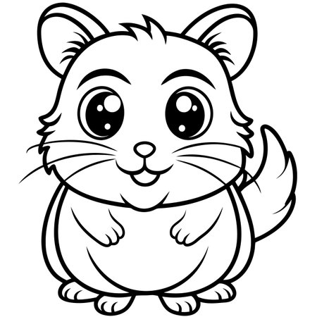 Cartoon chinchilla outline, cute face, small hands, fluffy tail, vector illustration, black and whiteのイラスト素材